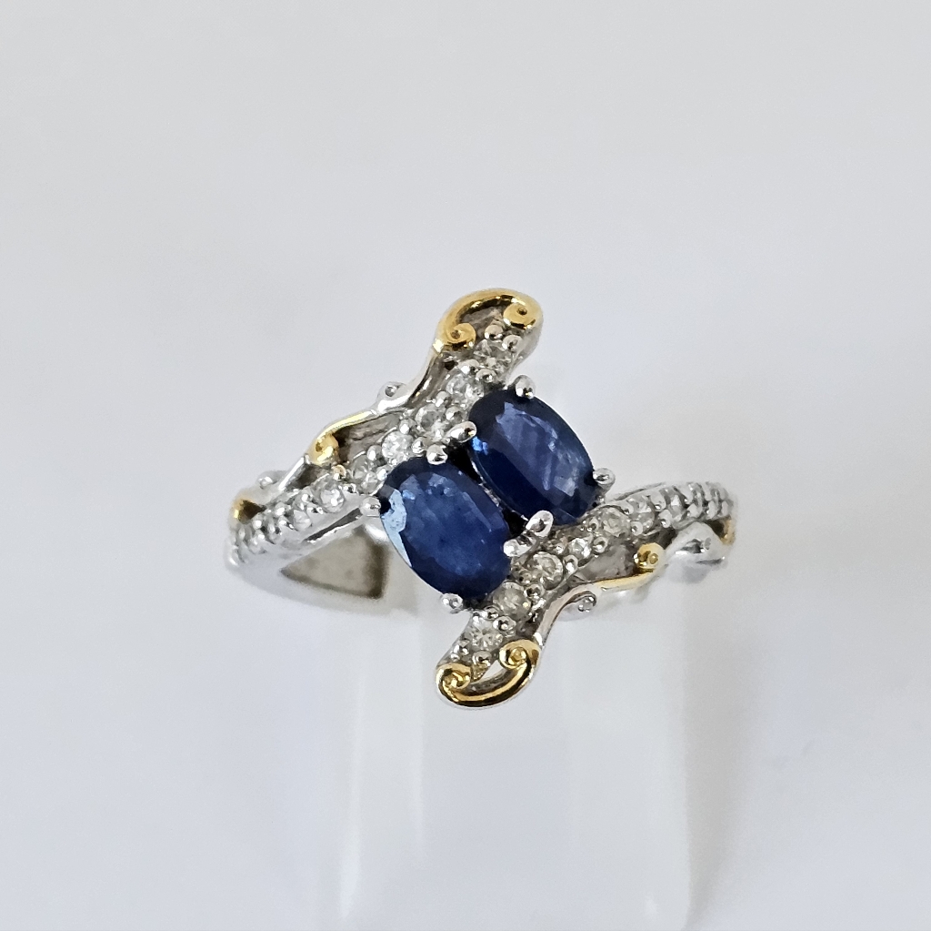 Natural 149ctw Royal Blue Sapphire White Zircon Bypass Ring 348$